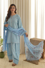 3PC LAWN EMBROIDERED SHIRT WITH CHIFFON PRINTED DUPATTA AND EMB TROUSER 736