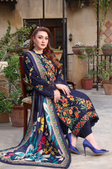 3PC DHANAK EMBROIDERED SHIRT WITH COURTRAI PRINTED SHAWL & TROUSER  V676