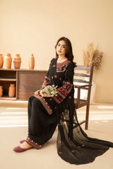 3 Piece Black Premium Lawn Embroidered Shirt & Farshi Shalwar - A918