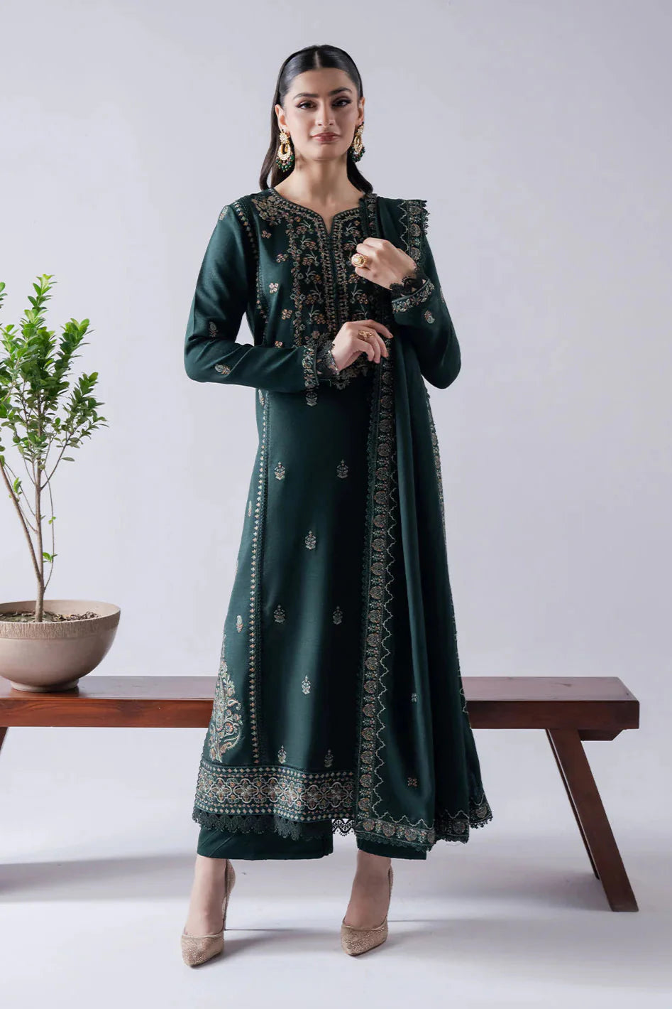 3PC DHANAK EMBROIDERED SHIRT WITH DHANAK EMBROIDERED SHAWL & TROUSER-BIC- 670