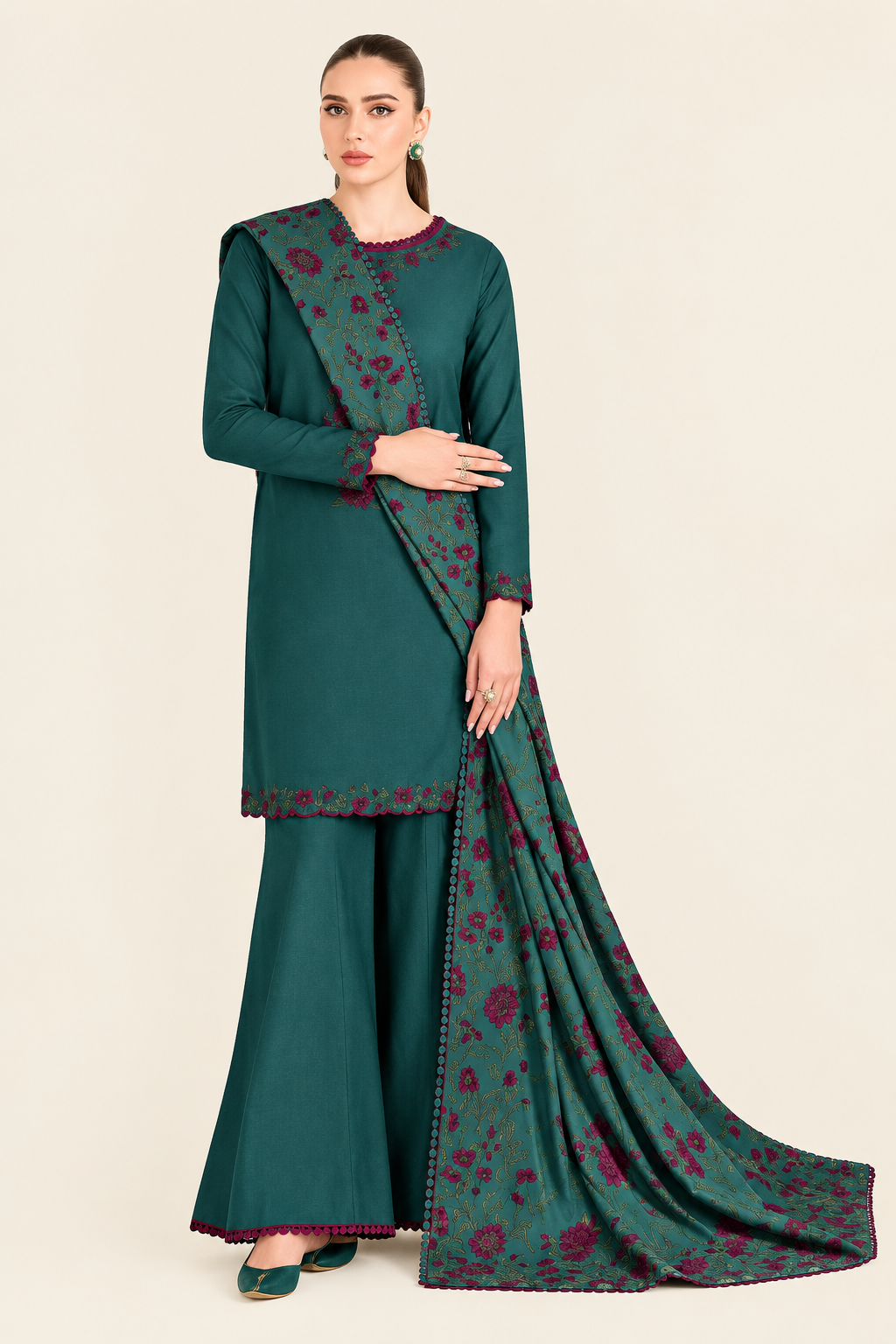 3PC DHANAK EMBROIDERED SHIRT WITH DHANAK EMBROIDERED SHAWL & TROUSER V50