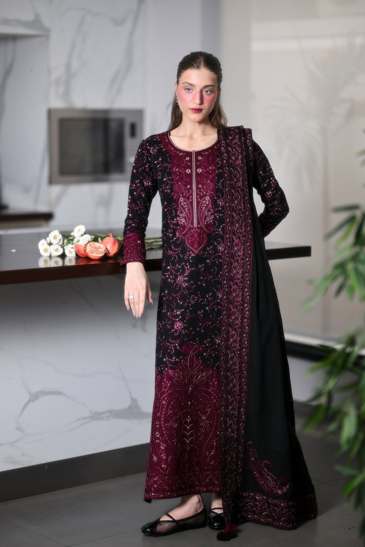 ZAIB-3PC DHANAK EMBROIDERED SHIRT WITH DHANAK EMBROIDERED SHAWL AND TROUSER V63