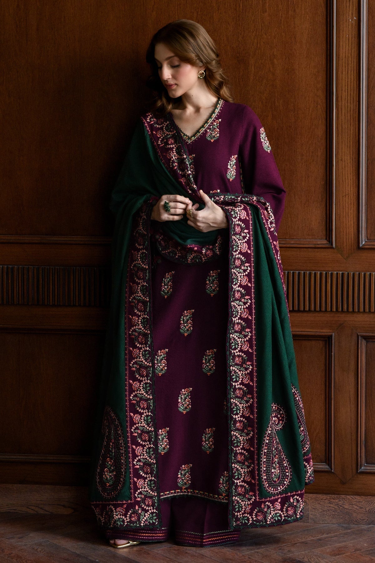 3PC DHANAK EMBROIDERED SHIRT WITH DHANAK EMBROIDERED SHAWL AND TROUSER V678