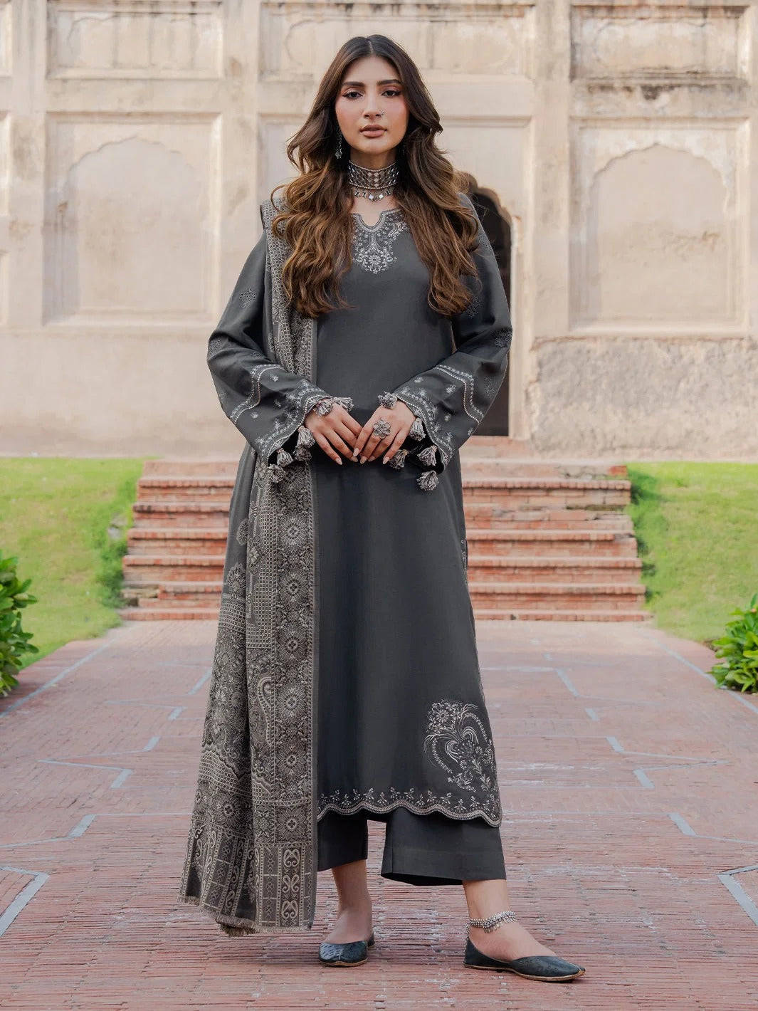IZEL-3PC DHANAK EMBROIDERED SHIRT WITH WOOL PRINTED SHAWL & TROUSER V736