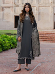 IZEL-3PC DHANAK EMBROIDERED SHIRT WITH WOOL PRINTED SHAWL & TROUSER V736